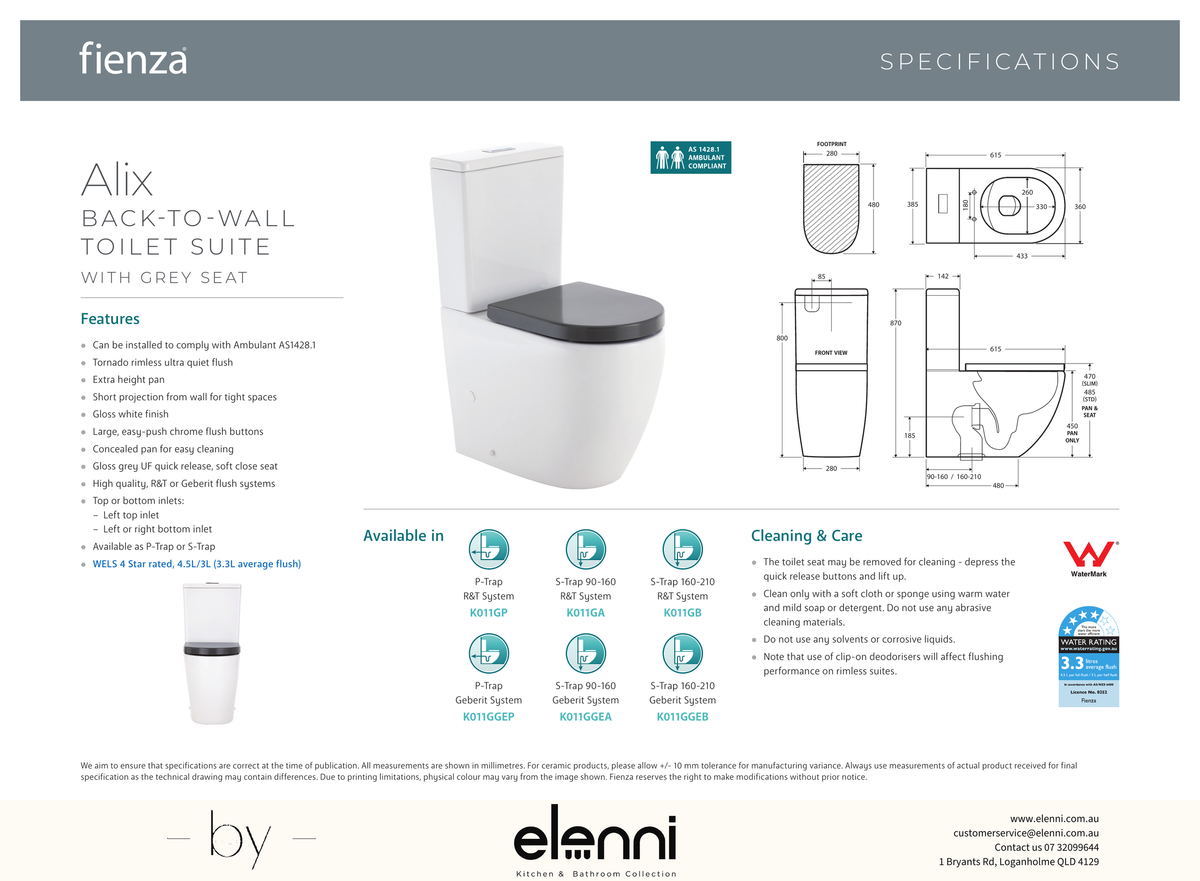 Alix Back-to-Wall Toilet Suite, Gloss White with Grey Seat - Elenni specification drawing