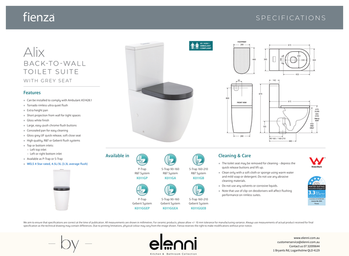 Alix Back-to-Wall Toilet Suite, Gloss White with Grey Seat - Elenni specification drawing