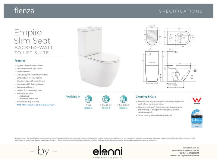 Empire Back-to-Wall Toilet Suite, Gloss White with Slim Seat - Elenni specification drawing