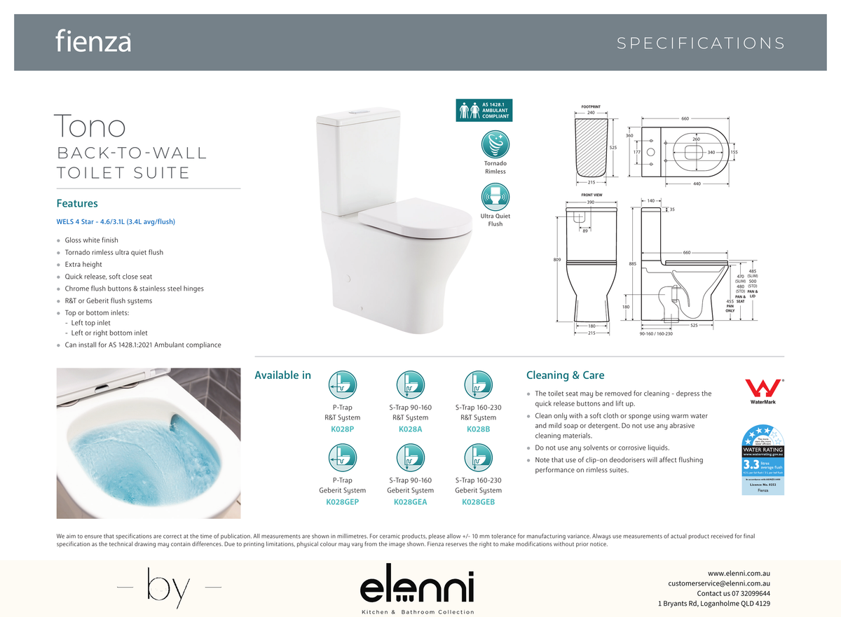 Tono Tornado Flush Back-to-Wall Toilet Suite, Gloss White - Elenni specification drawing