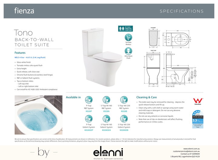 Tono Tornado Flush Back-to-Wall Toilet Suite, Gloss White - Elenni specification drawing