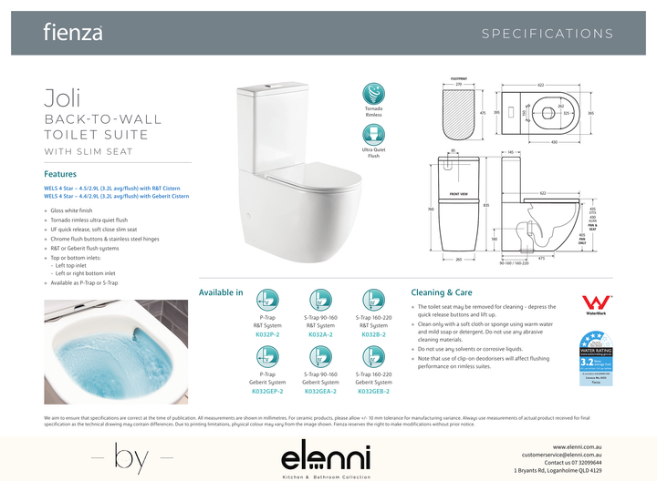 Joli Tornado Flush Back-to-Wall Toilet Suite, Gloss White with Slim Seat - Elenni specification drawing