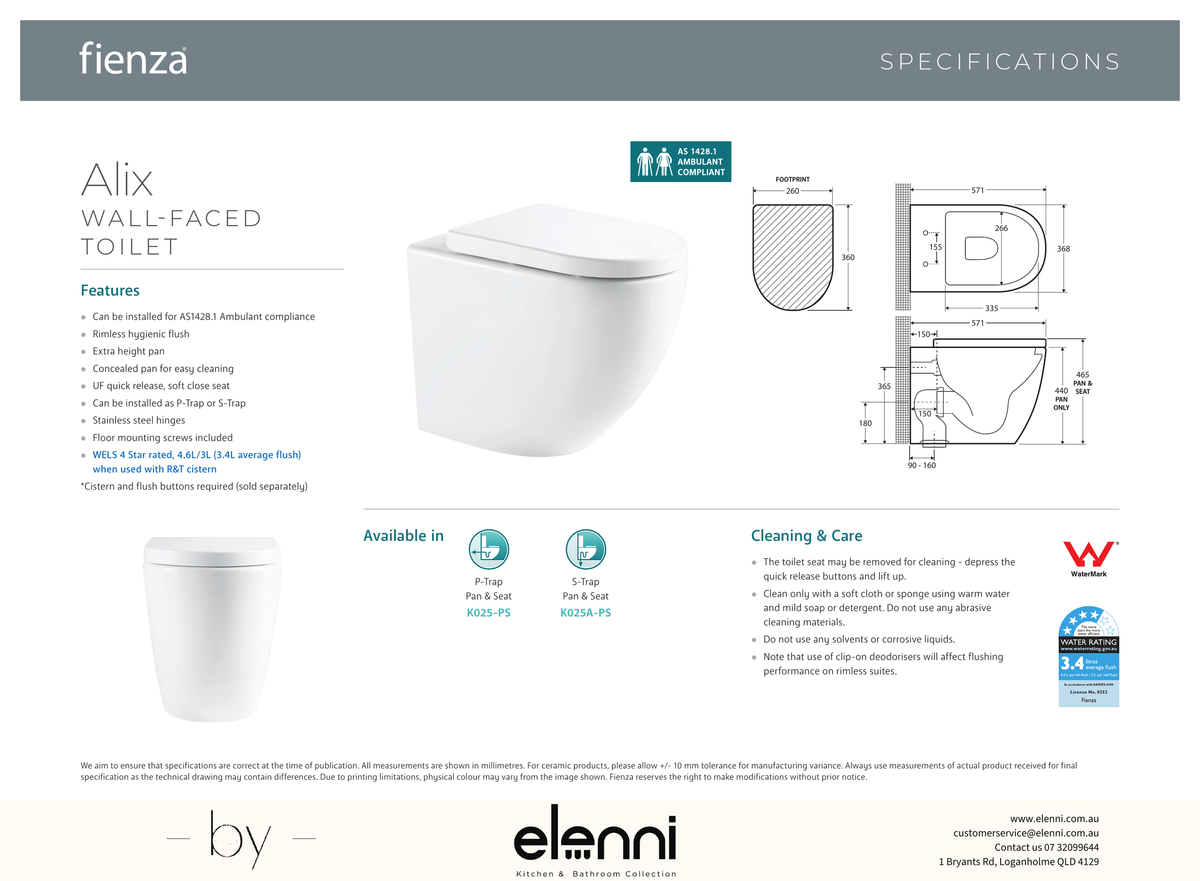 Alix Ambulant Wall-Faced Toilet Suite, Gloss White - Elenni specification drawing