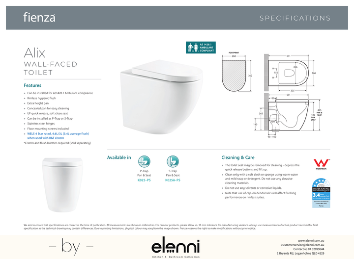 Alix Ambulant Wall-Faced Toilet Suite, Gloss White - Elenni specification drawing