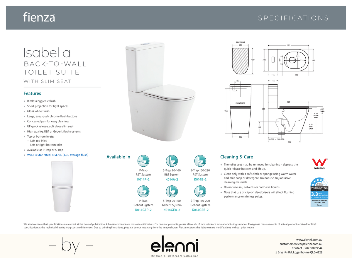 Isabella Back-to-Wall Toilet Suite, Gloss White with Slim Seat - Elenni specification drawing
