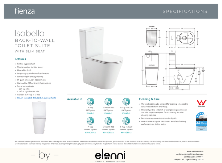 Isabella Back-to-Wall Toilet Suite, Gloss White with Slim Seat - Elenni specification drawing