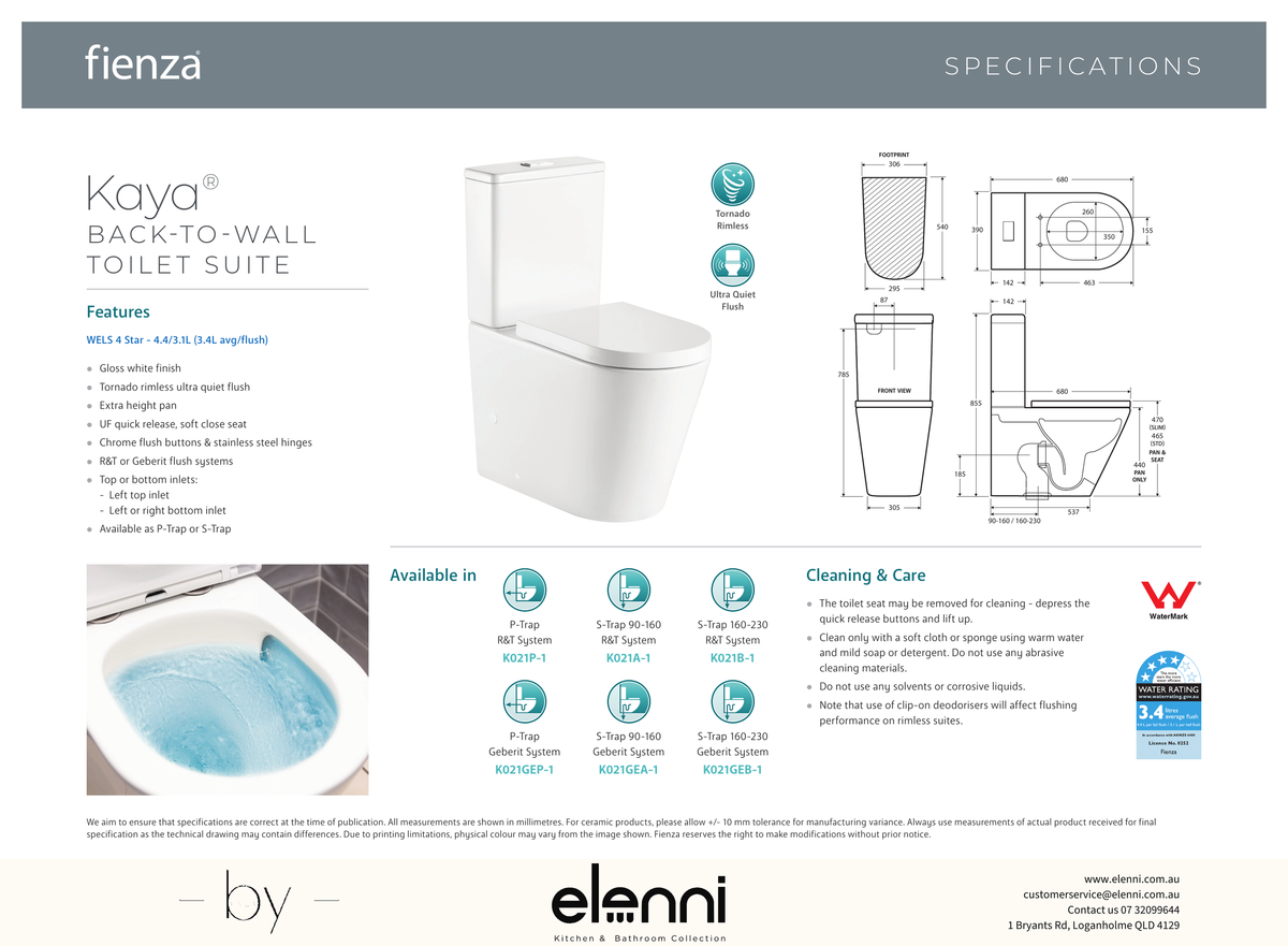 Kaya Tornado Flush Back-to-Wall Toilet Suite, Gloss White - Elenni specification drawing