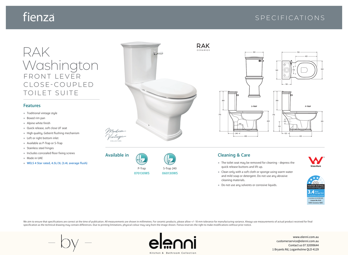 RAK Washington Front Lever Close-Coupled Toilet Suite, Alpine White with P-Trap - Elenni specification drawing