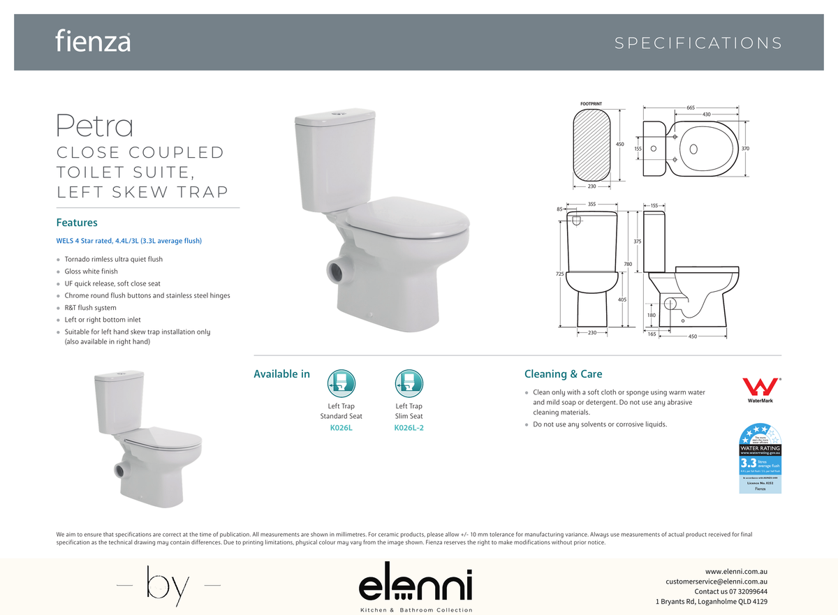 Petra Close-Coupled Toilet Suite, Left Skew Trap, Gloss White - Elenni specification drawing