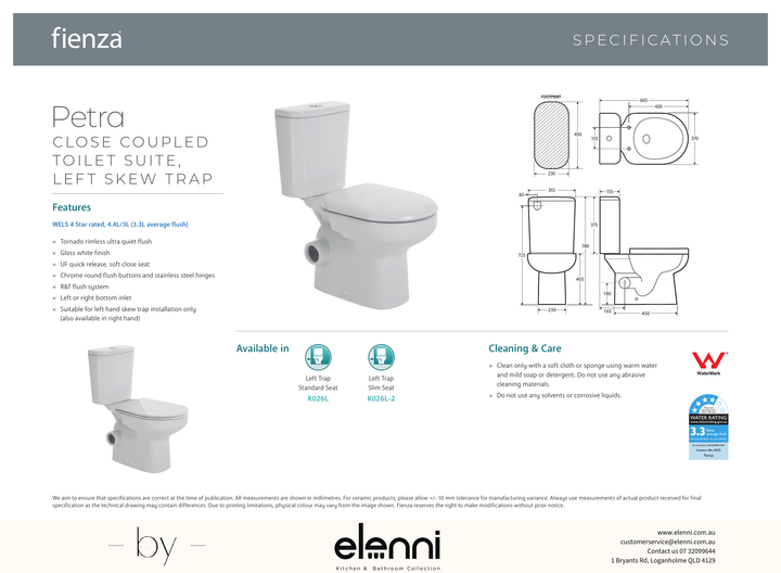 Petra Close-Coupled Toilet Suite, Left Skew Trap, Gloss White - Elenni specification drawing