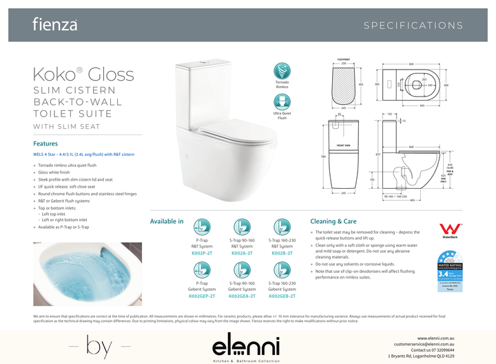 Koko Gloss Tornado Slim Cistern Back-to-Wall Toilet Suite, with Slim Seat - Elenni specification drawing