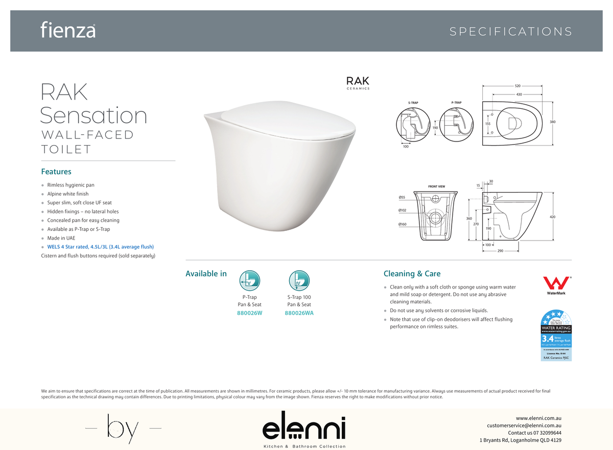 RAK Sensation Wall-Faced Toilet Suite, Alpine White - Elenni specification drawing