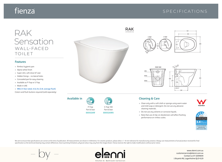 RAK Sensation Wall-Faced Toilet Suite, Alpine White - Elenni specification drawing
