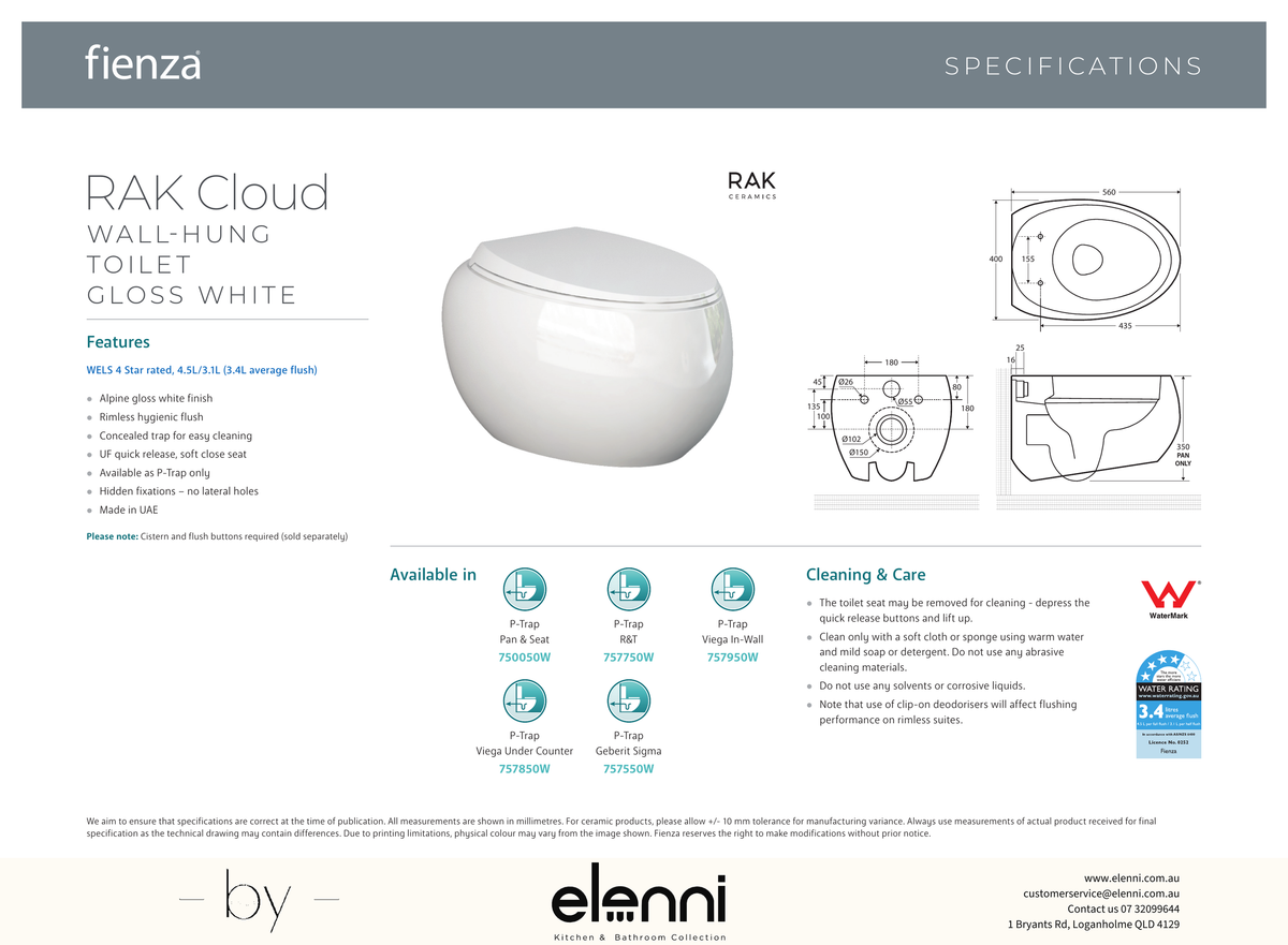 RAK Cloud Wall-Hung Toilet Suite, Alpine Gloss White - Elenni specification drawing