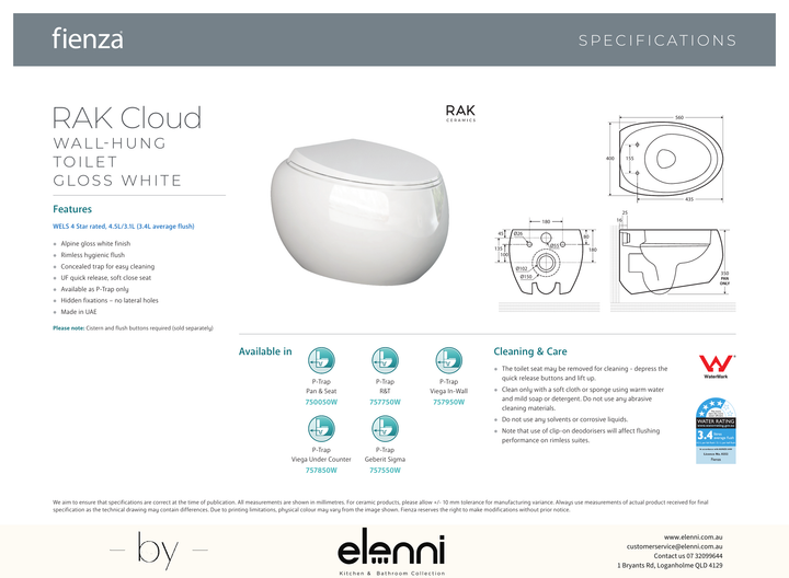 RAK Cloud Wall-Hung Toilet Suite, Alpine Gloss White - Elenni specification drawing