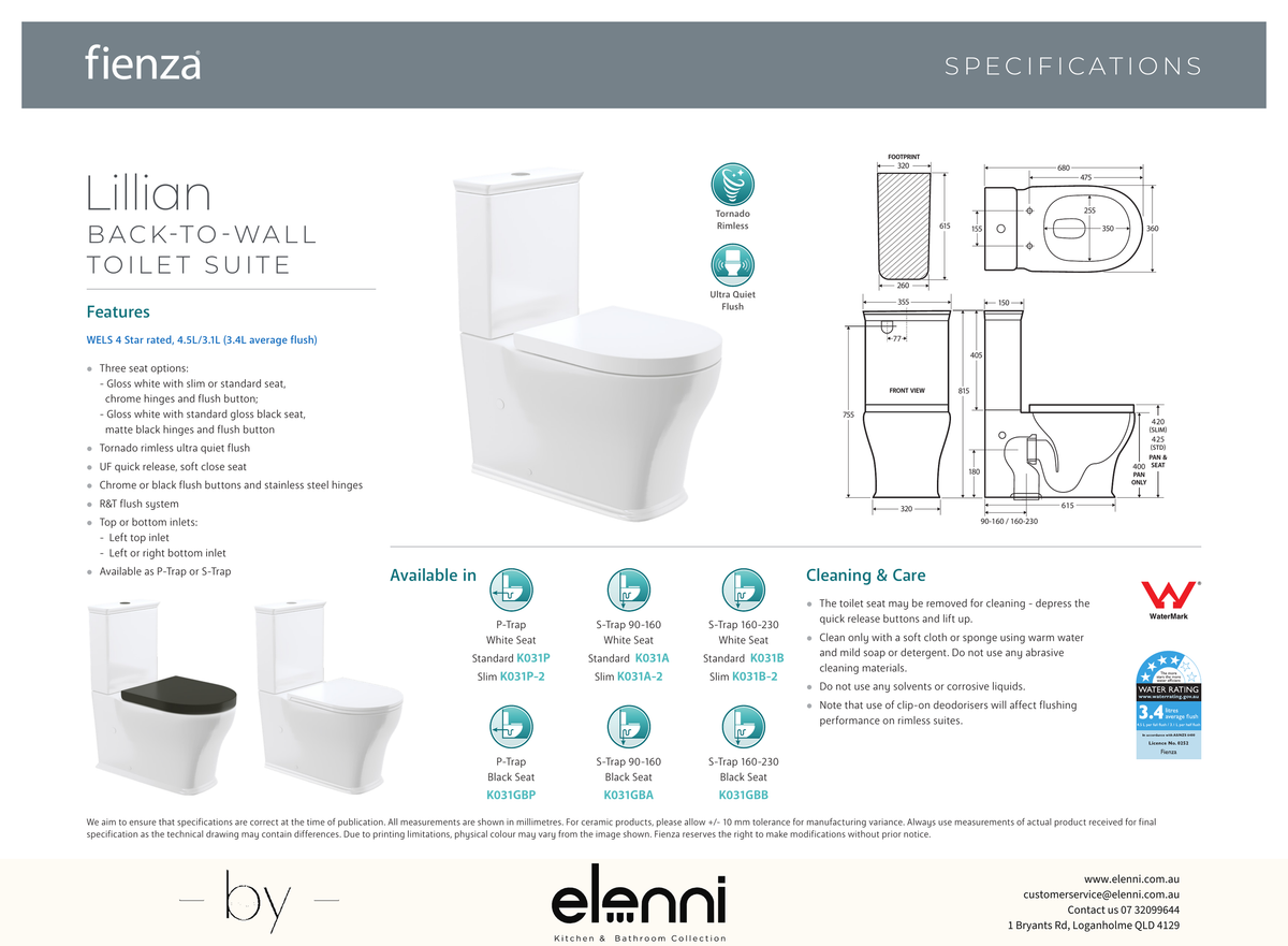 Lillian Tornado Flush Back-to-Wall Toilet Suite, Gloss White with Slim Seat - Elenni specification drawing