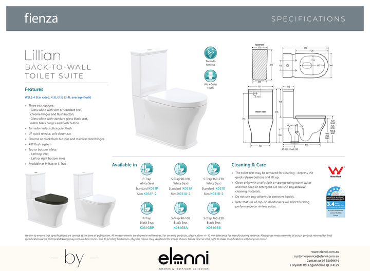 Lillian Tornado Flush Back-to-Wall Toilet Suite, Gloss White with Slim Seat - Elenni specification drawing