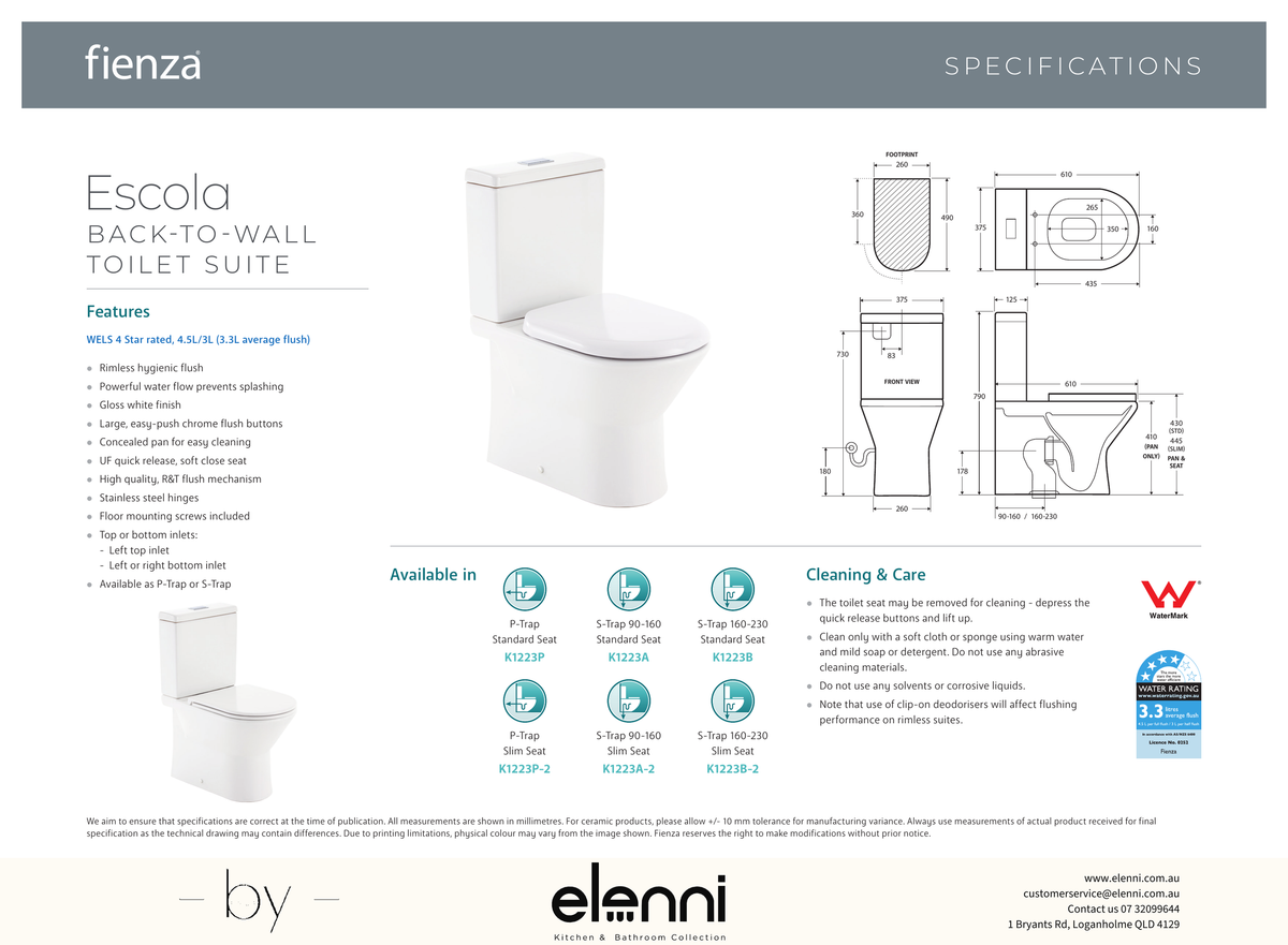 Escola Back-to-Wall Toilet Suite, Gloss White - Elenni specification drawing