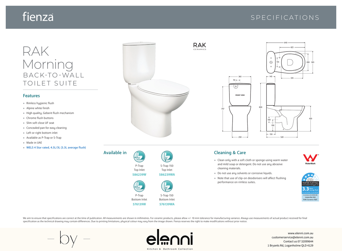 RAK Morning Back-to-Wall Toilet Suite, Alpine White with Bottom Inlet - Elenni specification drawing