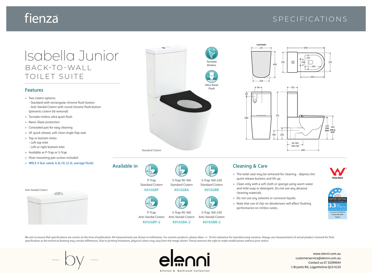 Isabella Junior Tornado Flush Back-to-Wall Toilet Suite, Black Seat with Anti-Vandal Kit - Elenni specification drawing