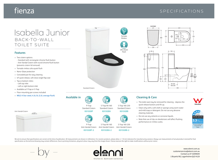 Isabella Junior Tornado Flush Back-to-Wall Toilet Suite, Black Seat with Anti-Vandal Kit - Elenni specification drawing