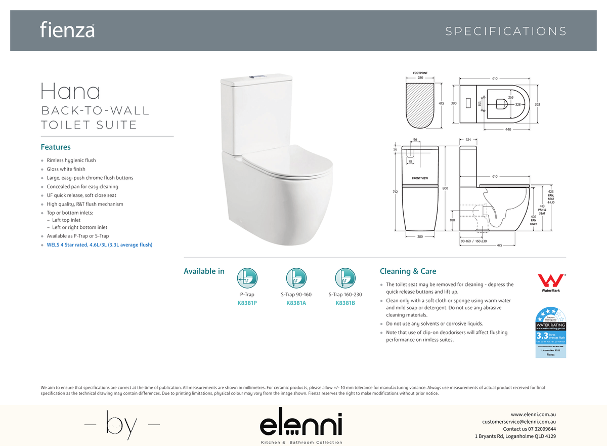 Hana Back-to-Wall Toilet Suite, Gloss White - Elenni specification drawing