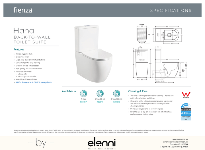 Hana Back-to-Wall Toilet Suite, Gloss White - Elenni specification drawing