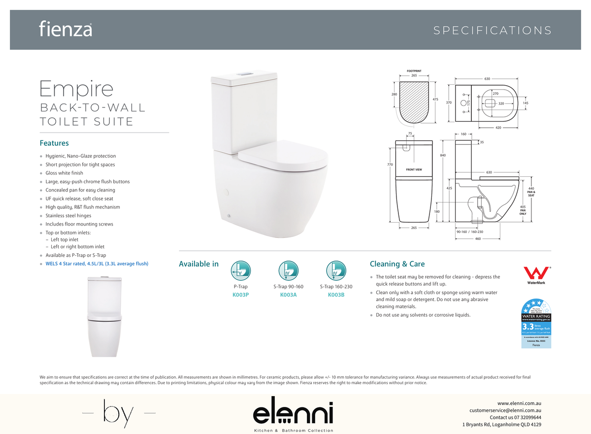 Empire Back-to-Wall Toilet Suite, Gloss White - Elenni specification drawing