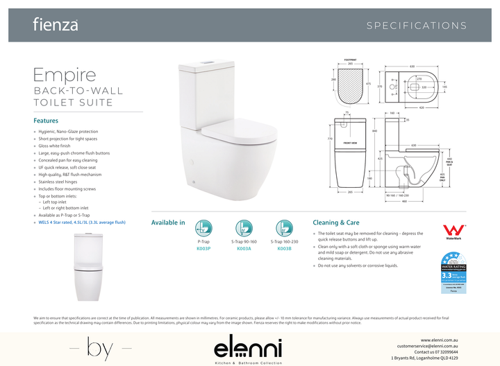 Empire Back-to-Wall Toilet Suite, Gloss White - Elenni specification drawing