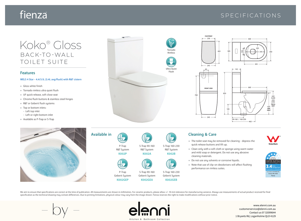 Koko Tornado Flush Back-to-Wall Toilet Suite, Gloss White - Elenni specification drawing