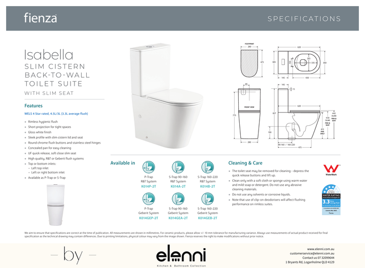Isabella Slim Cistern Back-to-Wall Toilet Suite, Gloss White with Slim Seat - Elenni specification drawing