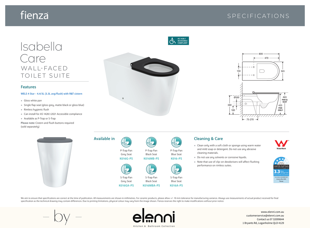 Isabella Care Wall-Faced Toilet Suite, Gloss White with Blue Seat - Elenni specification drawing