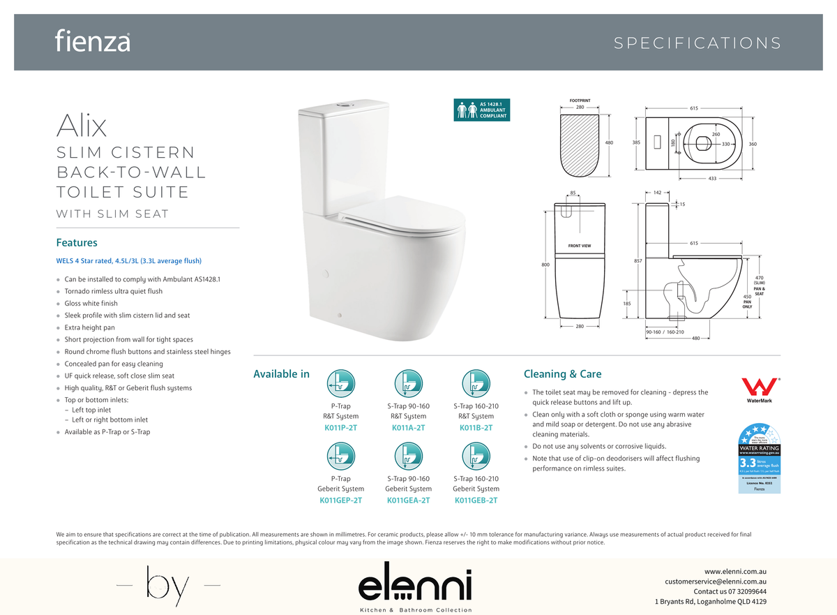Alix Slim Cistern Back-to-Wall Toilet Suite, Gloss White with Slim Seat - Elenni specification drawing