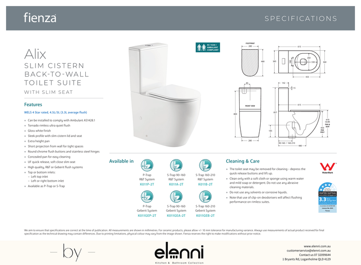 Alix Slim Cistern Back-to-Wall Toilet Suite, Gloss White with Slim Seat - Elenni specification drawing