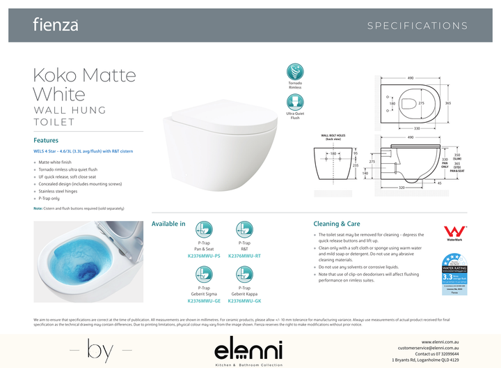 Koko Tornado Flush Wall Hung Toilet Suite, Matte White - Elenni specification drawing