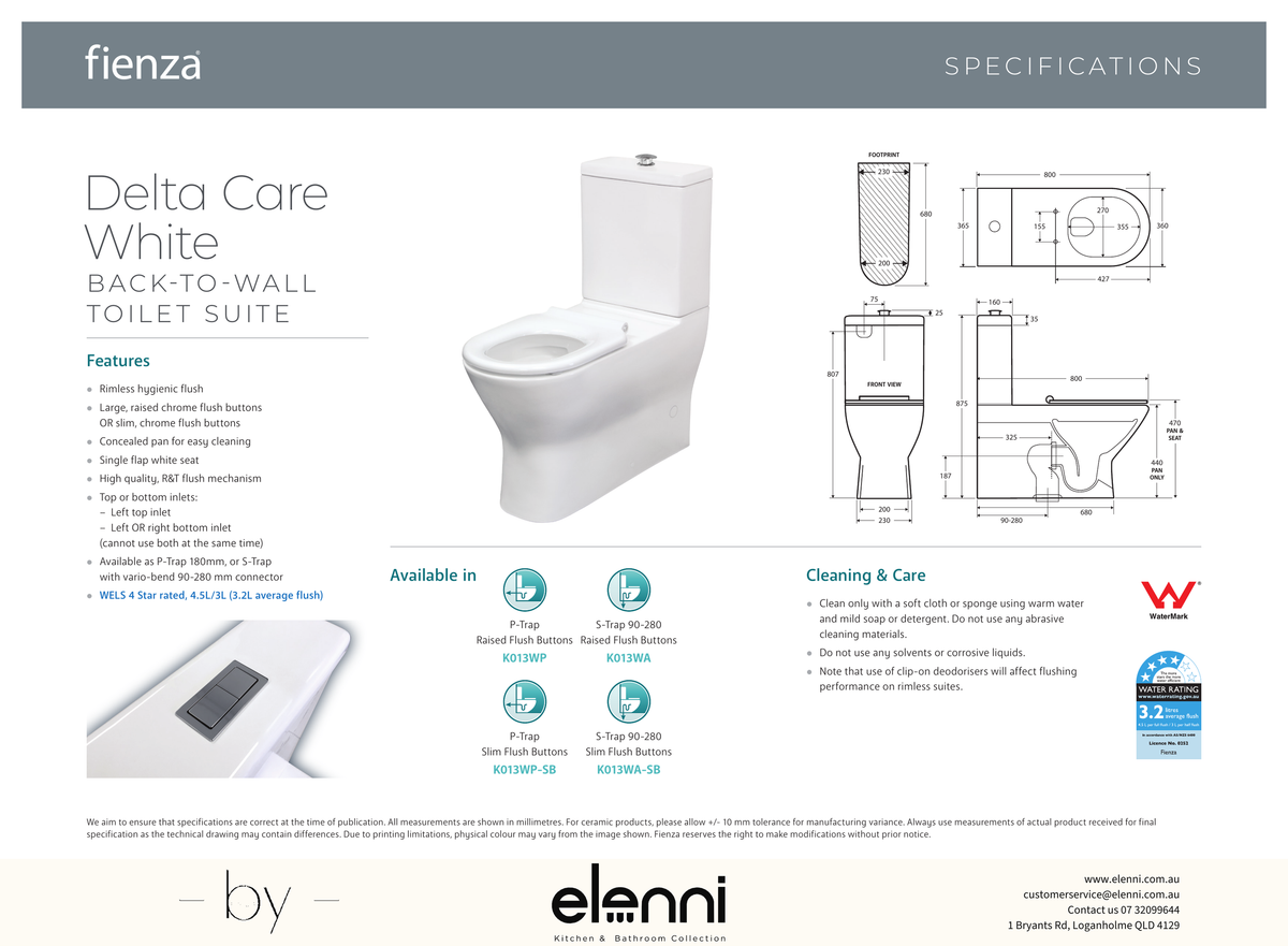 Delta Care Back-to-Wall Toilet Suite, White Seat, Raised Buttons - Elenni specification drawing