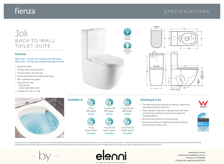 Joli Tornado Flush Back-to-Wall Toilet Suite, Gloss White - Elenni specification drawing