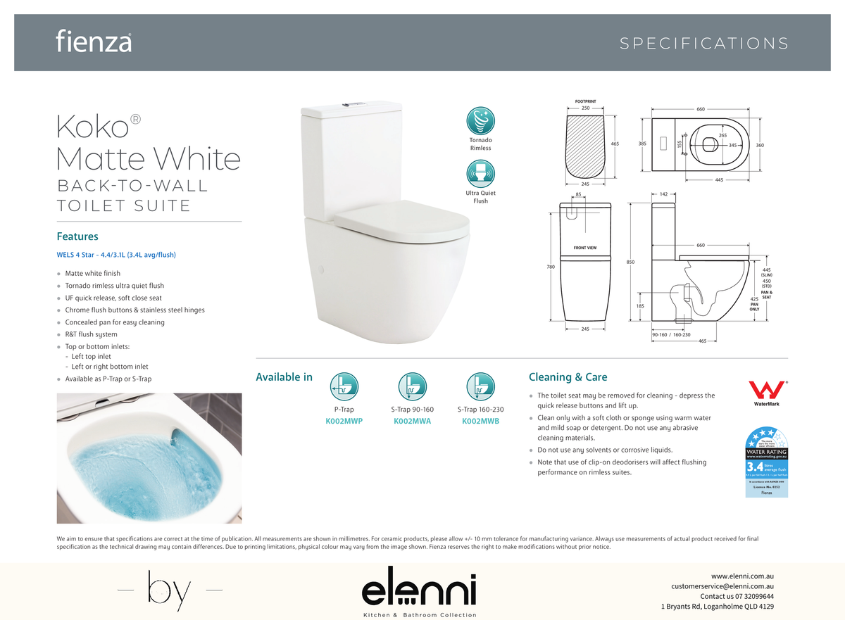 Koko Tornado Back-to-Wall Toilet Suite, Matte White - Elenni specification drawing