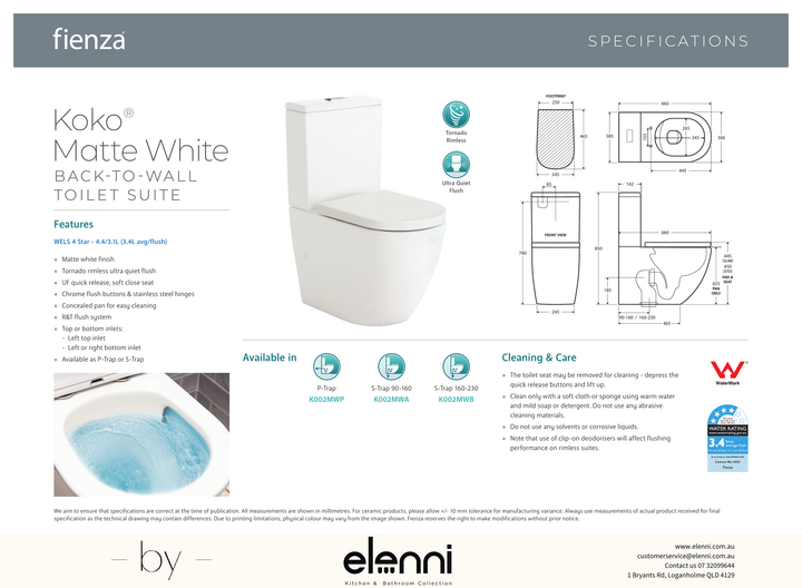 Koko Tornado Back-to-Wall Toilet Suite, Matte White - Elenni specification drawing