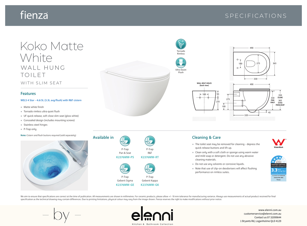 Koko Tornado Flush Wall Hung Toilet Suite, Matte White with Slim Seat - Elenni specification drawing