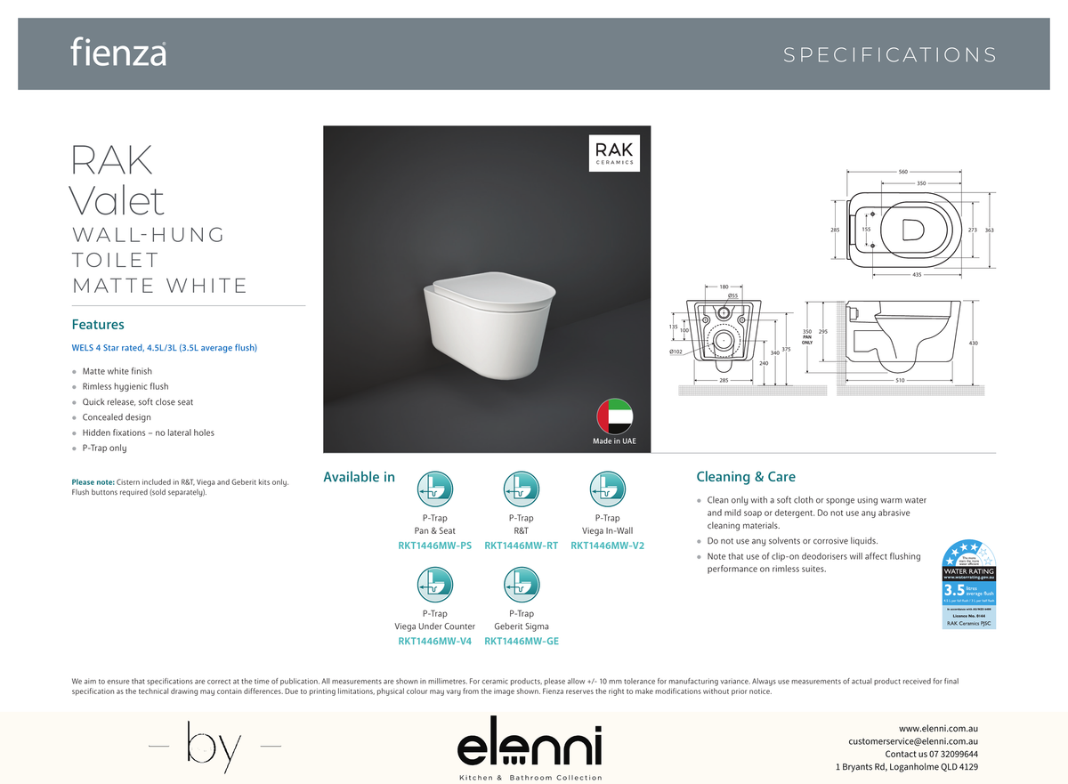 RAK Valet Wall-Hung Toilet, Matte White - Elenni specification drawing