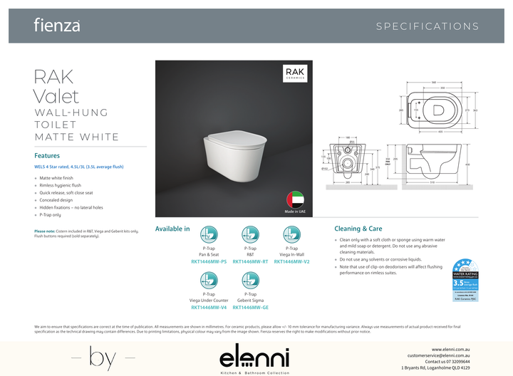 RAK Valet Wall-Hung Toilet, Matte White - Elenni specification drawing