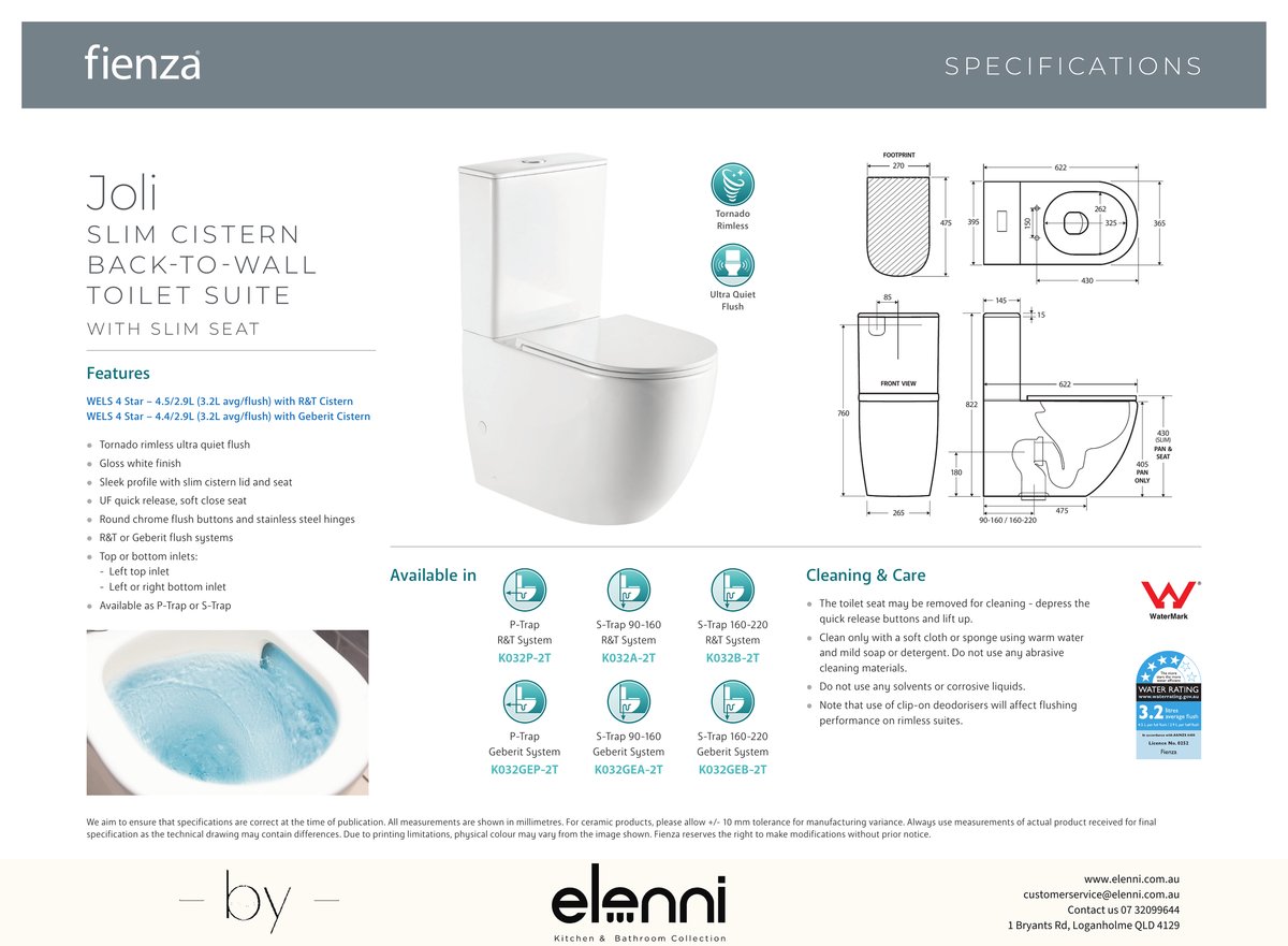 Joli Tornado Flush Slim Cistern Back-to-Wall Toilet Suite, Gloss White with Slim Seat - Elenni specification drawing