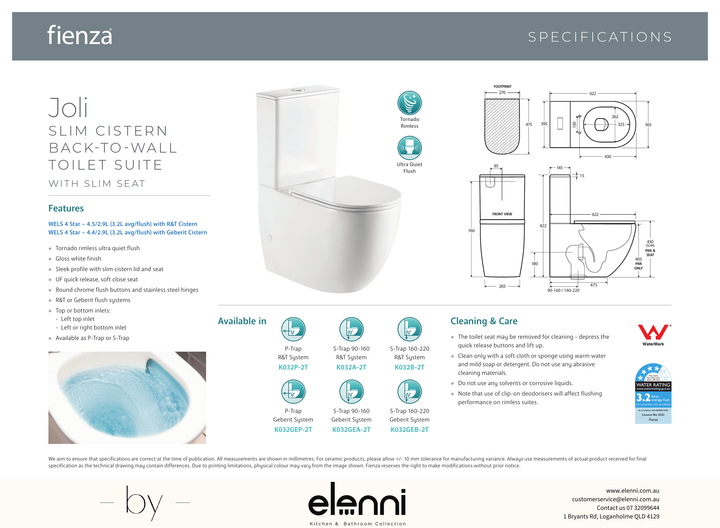 Joli Tornado Flush Slim Cistern Back-to-Wall Toilet Suite, Gloss White with Slim Seat - Elenni specification drawing