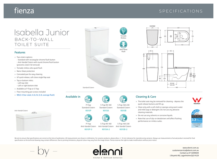 Isabella Junior Tornado Flush Back-to-Wall Toilet Suite - Elenni specification drawing