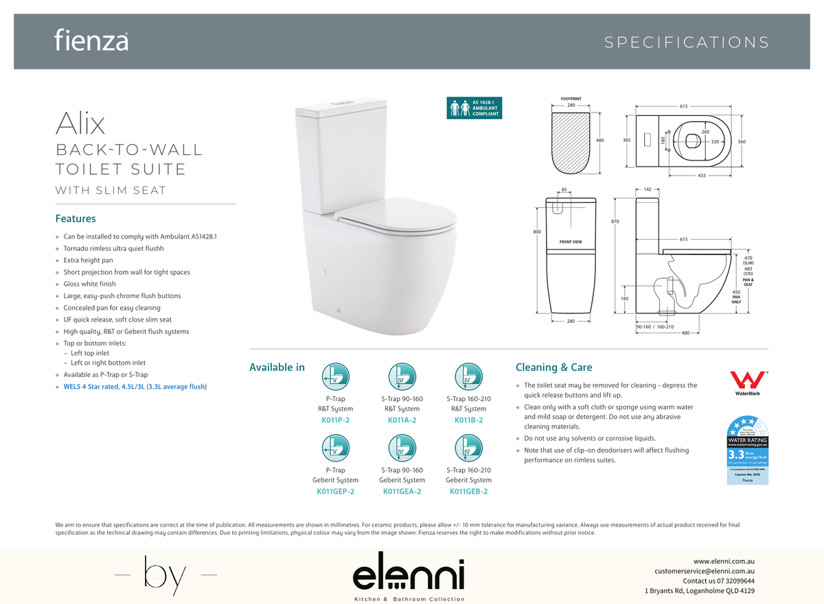 Alix Back-to-Wall Toilet Suite, Gloss White with Slim Seat - Elenni specification drawing