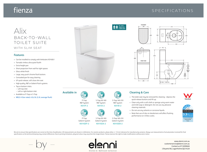 Alix Back-to-Wall Toilet Suite, Gloss White with Slim Seat - Elenni specification drawing