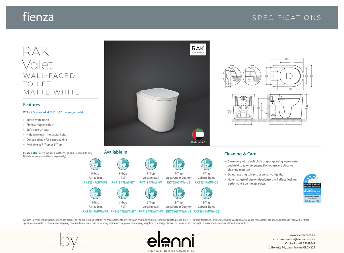 RAK Valet Wall-Faced Toilet, Matte White - Elenni specification drawing