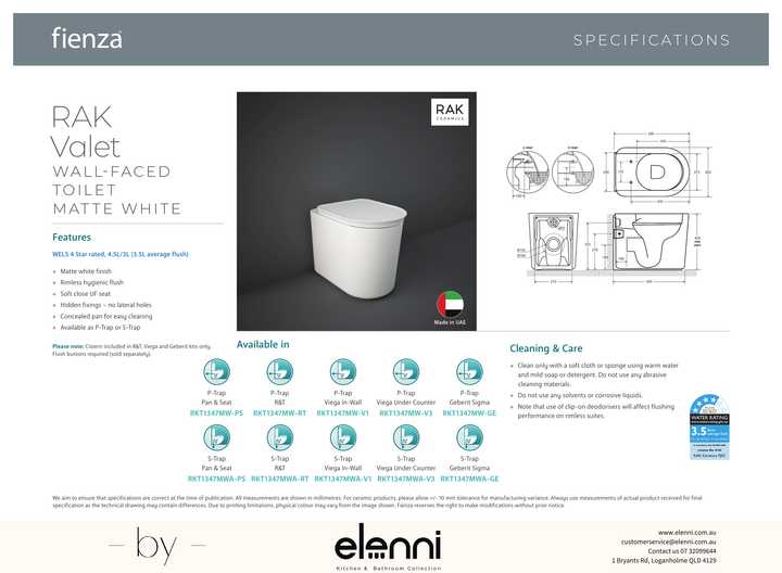 RAK Valet Wall-Faced Toilet, Matte White - Elenni specification drawing