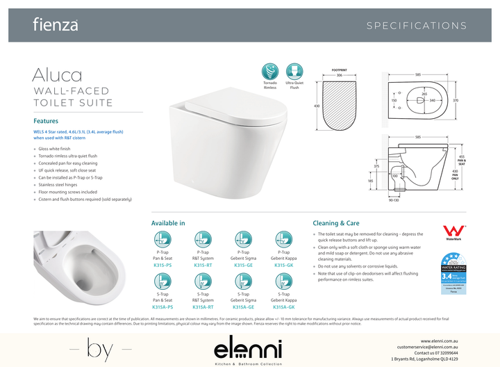 Aluca Tornado Flush Wall-Faced Toilet Suite, Gloss White - Elenni specification drawing